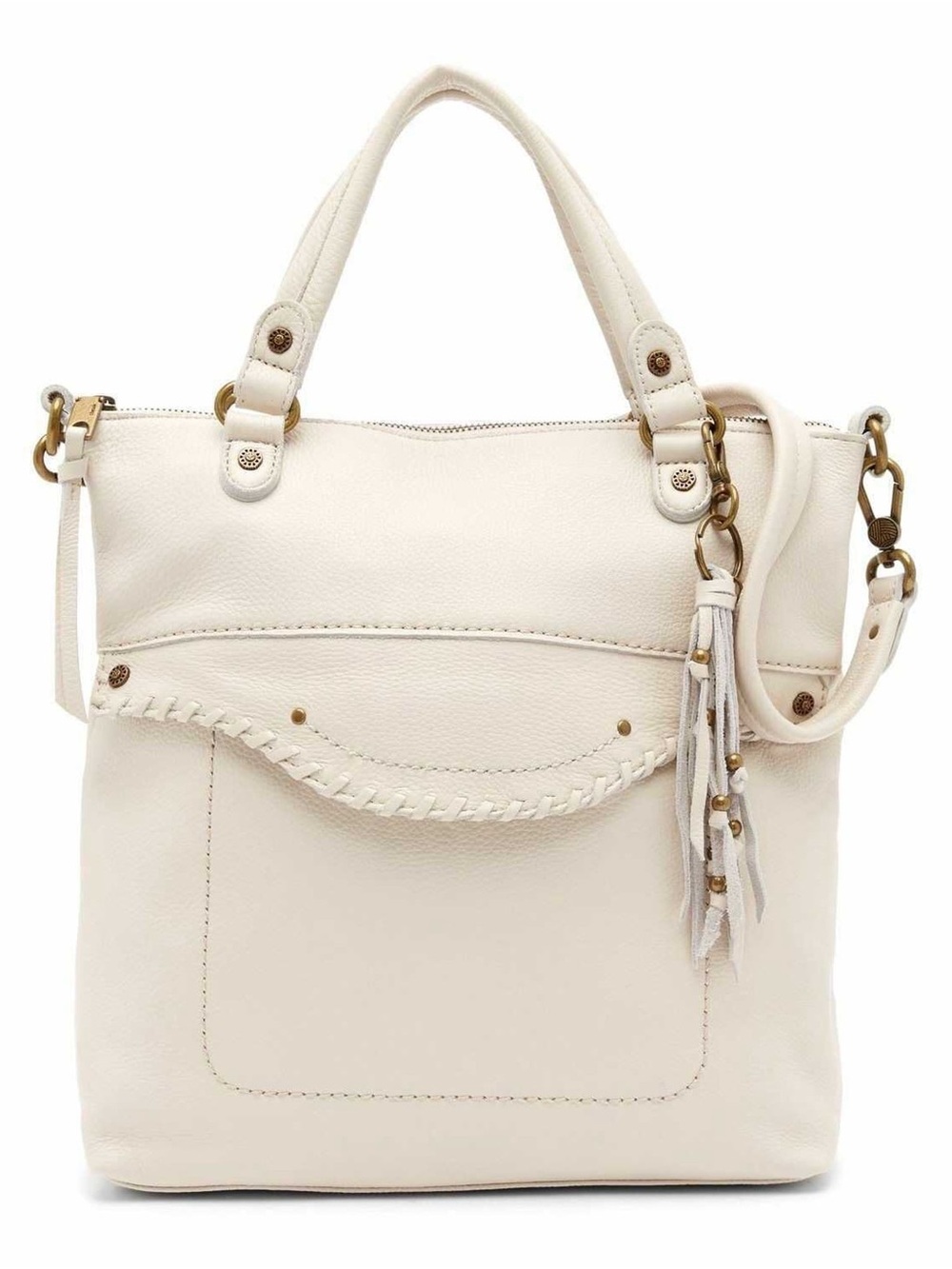 The Sak Cream Pebble Leather Hobo Tote Handbag with Tassel Accent
